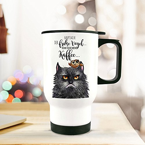 ilka parey wandtattoo-welt® Thermobecher Thermotasse Thermosflasche Becher Tasse Kaffeebecher grimmige Katze GRUMPY mit Spruch der frühe Vogel...tb067