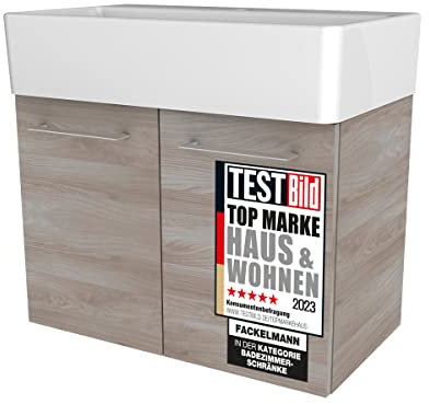 FACKELMANN Lima Badmöbel Set 2 Teile/Keramik Waschbecken/Waschbeckenunterschrank mit 2 Türen/hochwertiger Badschrank mit Soft-Close/Korpus: Braun hell/Front: Braun hell/Breite: 60 cm