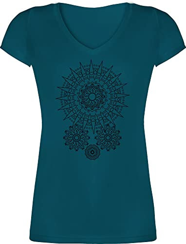 T-Shirt Damen V Ausschnitt - Kunst - Boho Mandala Yoga Namaste - L - Türkis - yogakleidung Frauen yogashirt Wellness Blumen Tshirt yogaoberteile yogashirts Meditation Mandala. Shirt yogashirtdamen