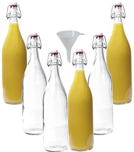 mikken 6X Glasflasche 1 Liter mit Bügelverschluss aus Porzellan inkl Trichter, Transparent