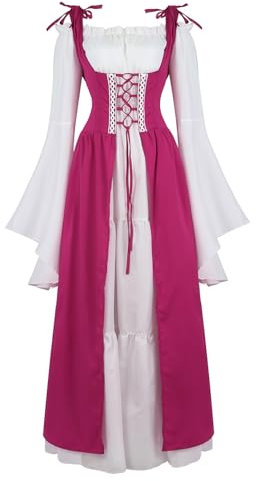 Lehauya Renaissance-Kostüm für Damen, mittelalterliches irisches Kleid und Trompetenärmel, Boho-Set, Rose, S