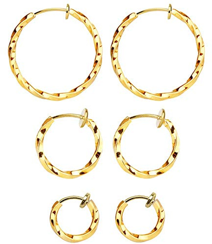Mannli 3 Pairs Clip On Twisted Hoop Earrings Non Piercing Earrings Set for Women Girls, Gold 15-30MM