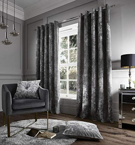 Hachette Crushed Velvet Eyelet Ring Top Pair of Fully Lined Curtains (Charcoal Grey, 66 x 54)