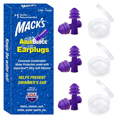 Mack's AquaBlock Swimming Earplugs, 3 Pair - Comfortable, Waterproof, Reusable Silicone Ear Plugs for Swimming, Snorkeling, Showering, Surfing and Bathing (Purple)