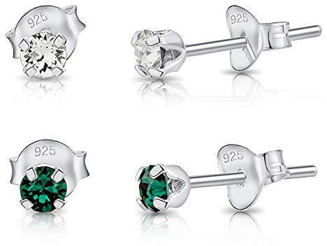 DTPsilver - 2 Paar WINZIGE Ohrringe 925 Sterling Silber mit Kristallen von Swarovski® Elements Runde Sehr KLEINE Ohrstecker - Durchmesser 3 mm - Farbe: klare Kristalle + Smaragd