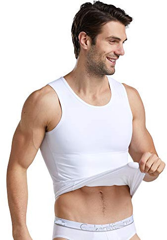 BaronHong Herren Kompression Brust Binder Shirt Abnehmen Body Shaper Weste Workout Tanktops Bauchmuskeln Unterhemden(weiß,L)