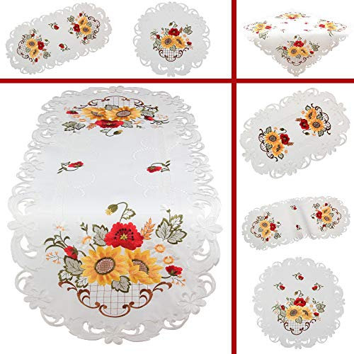 Quinnyshop Klatschmohn Sonnenblume Stickerei Tischläufer 30 x 160 cm Satin-Optik, Weiß