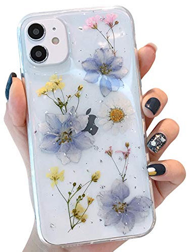 Tybiky iPhone 11 Case Dried Flowers Case Made from Real Flowers Slim Protective Design Shockproof TPU Frame Immortal Flowers Case for iPhone 11 3 Purple 1 White