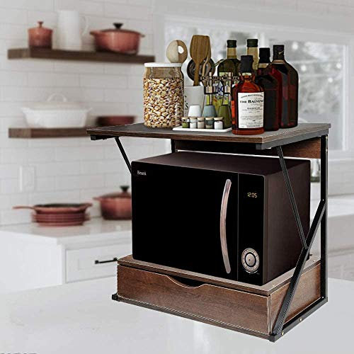 nozama 2 Tier Wooden Microwave Stand Shelf with Drawer Kitchen Storage Shelf Rack Home Office 2 Tier Storage Stand Rack for Printer and Microwave (Dark Oak with Drawer)
