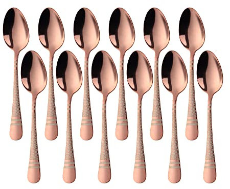 BUYER STAR Teaspoons Set of 12, Hammered Stainless Steel Tea Spoons with Laser Snake Pattern, Small Spoon Set for Coffee, Dessert, Cake, Dishwasher Safe (5.43 Inch, Rose Gold)