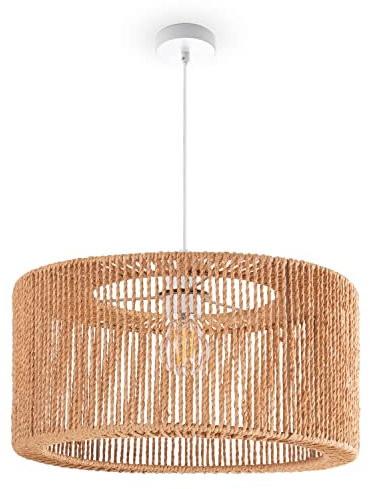 Paco Home Hängelampe Bambus Wohnzimmer Pendelleuchte Rattan Esstisch Esszimmer Lampe E27 Hängeleuchte Papier Boho, Farbe:Natur (Ø40cm), Leuchtenart/Farbe:Pendelleuchte - Weiß