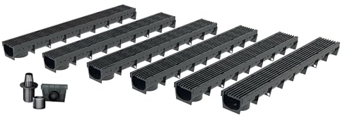 Entwässerungsrinne MEAPARK, 6er Pack (6x1m) mit Längsstabrost aus recyceltem Kunststoff in schwarz mit Zubehör - Entwässerungssystem für Terrassen, Schwimmbäder, Gärten und Fußgängerzonen. BK A15