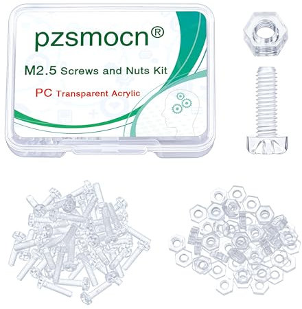 Pzsmocn 100 Stück/50 Sätze M2,5*10 mm PC Transparenter Kunststoff Kreuzschlitz Rundkopfschrauben und Sechskantmuttern-Satz, für Heimwerkerarbeiten, Modelle und die Befestigung Elektronischer Produkte.