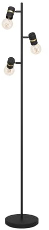 Eglo Lampadaire sur pied Lurone, luminaire de sol avec 3 spots orientables, lampe de salon à pied en métal noir et laiton, douille E27