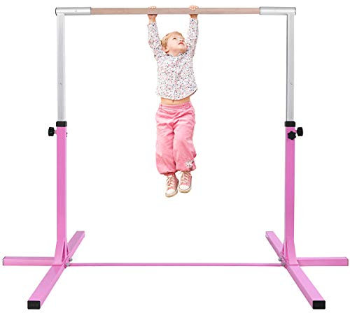 GYMAX Gymnastik Turnreck bis 100 kg belastbar, Kinder Reck mit 12-stufig höhenverstellbar (91 cm-150 cm), Turnstange, Turnreck mit stabilem Ständer & Doppelschlosssystem (Rosa)