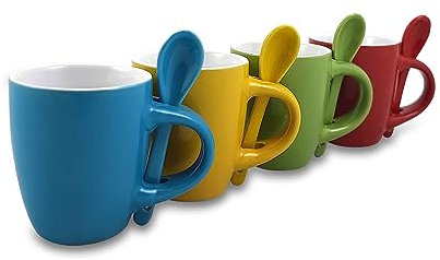 ARCA, Set di 4 Tazze Caffè con Cucchiaino, Realizzate in Ceramica, Semplici e Pratiche, Lavabili in Lavastoviglie, Colori Assortiti, Capacità 25 ml, 6,5x5,5 cm