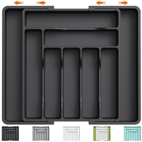 Lifewit Range Couverts, Rangement Couvert Extensible et Ajustable pour Tiroir de Cuisine, Support de Rangement en Plastique pour Couverts, Cuillères, Fourchettes, Couteaux, Grand, Noir