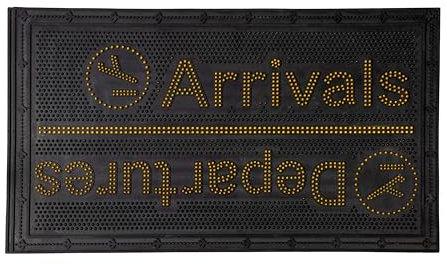 FISURA - Originelle Gummifußmatte Arrivals/Departures. Schwarze und gelbe Fußmatte für draußen. Fußmatte für den Eingang mit Spikes. Gummifußmatte mit Botschaft. Fußabtreter 70 x 40 Zentimeter.