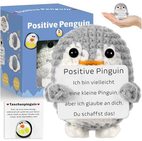 Mini Positive Penguin Geschenk, Lustiger Pocket Hug Pinguine Süßes Gestricktes Pinguin Spielzeug mit Positiver Karte Glücksbringer Häkelpuppe für Kinder Jubelndes Aufmunterung Geschenke Dekoration