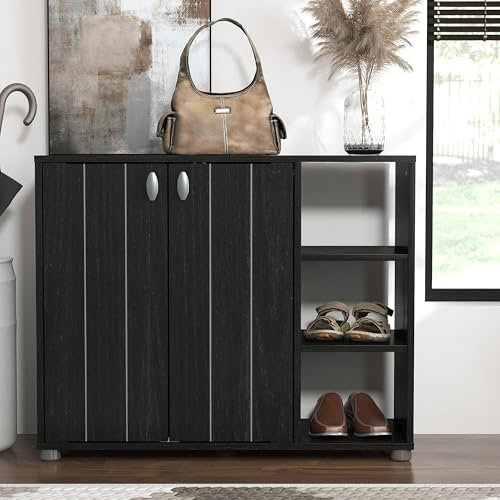 Galano Hansel 12 Pairs Shoe Cabinet – 2 Door Storage Unit, Modern Organizer for Hallway – Rustic Black Oak - D35.3 x W79.6 x H64.6 cm