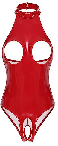 Miutii Damen Wetlook Ouvert Body Brustfrei Bodysuit Overall Lackleder Stringbody Dessous Nachtwäsche Rave GOGO Nachtclub A Rot XXL