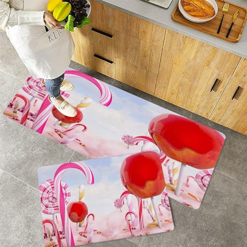 Juego de Alfombras de Baño de 2 Piezas,Lollipop Paisaje Candy World Fantasy Bastones Dreamy Sweet Food Wonder,Alfombras de Baño Juegos de Corredor Alfombrilla de Baño Lavable Absorbente 45x70+45x120cm