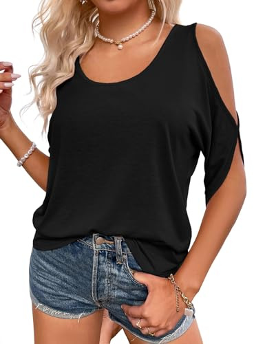 Fisoew Women's T Shirt Off Shoulder Shirts with Crew Neck Summer Short Sleeve Casual Tee Tops