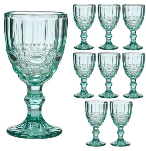 Wine Glasses Set of 8 Embossed Vintage Style Baroque Wine Goblet Glassware Set Dishwasher Safe Wine Glass Set Colourful Footed Wine Chalice Tumblers (Turquoise)