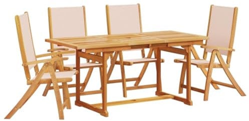 vidaXL Garten Essgruppe 5-TLG., Gartenmöbel Set Tisch 4 Verstellbare Stühle, Sitzgruppe für Garten Terrasse, Gartengarnitur Klappstuhl, Massivholz Akazie Textilene