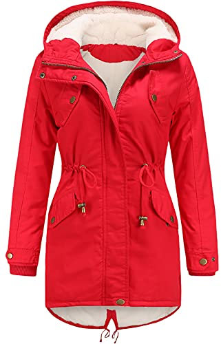 Miaikvs Parka à capuche doublée en polaire pour femme Manteau d'hiver rembourré coupe-vent chaud(Rouge,M)