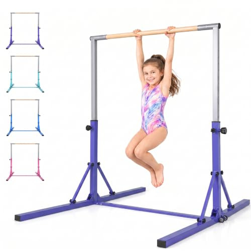 GYMAX Turnstange höhenverstellbar, Faltbare Übungsstange mit Rädern & rutschfeste Fußpolster, Turnreck bis 100 kg belastbar, Gymnastik Turnreck für Innen- & Außenbereich