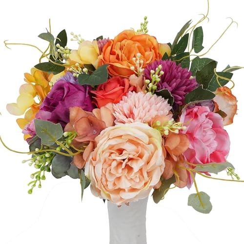 Zythrem 4 Pcs Artificial Roses Peonies Pink Artificial Flowers Fake Peonies Mix Rose Peony Hydrangea Chrysanthemum Bouquet Silk Peonies Bouquets Faux Spring Flowers for Graves Wedding Home Table Decor