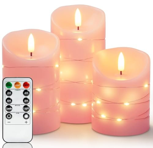 Homemory Flammenlose EchtesWachsKerzen mit Lichterkette, Eingebettete Lichterkette LED-Kerzen, Elektrische Flackerkerzen mit Fernbedienung und Timer, Rosa, 3er-Set
