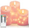 Homemory Flammenlose EchtesWachsKerzen mit Lichterkette, Eingebettete Lichterkette LED-Kerzen, Elektrische Flackerkerzen mit Fernbedienung und Timer, Rosa, 3er-Set
