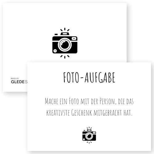 GLEDESTUND Fotoaufgaben Geburtstag – 60 Karten mit 50 kreativen Aufgaben + 10 Blanko-Karten, inkl. Anleitung, Nachhaltig produziert, modernes Schlichtes Design für Jung & Alt