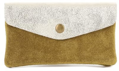 Double Tree - Porte-Monnaie Cartes Cuir Véritable Suède Irisé Femme - Portefeuille Pochette Rangement À Rabat - Format Mi-Long Taill M - Léger Pratique - Moutarde