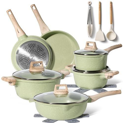 JUST PERFECTO Induktions Töpfe Set 15 pcs - Pfannenset mit deckel - Induktions Töpfe Set - töpfe & pfannen set ohne PTFE und PFOA - Kratzschutz- Kochgeschirr Topfset induktion (Green)