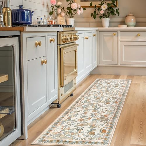 TOPICK Floral Washable Runner Rug 60x180cm Vintage Hallway Rug Non-Slip Lightweight Soft Thin Kitchen Low Pile Distressed Orange Blue Carpet for Bathroom Laundry Room Bedroom Entryway