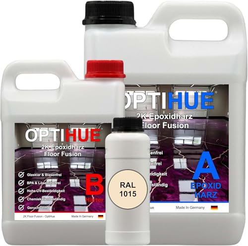 Optihue Epoxidharz Bodenbeschichtung Garagenboden 6Kg Bodenfarbe 2K Harz&Härter Garagenbeschichtung,Profi Qualität, Epoxy Gießharz geruchsarm Boden Werkstattboden (RAL 1015 Hellelfenbein)