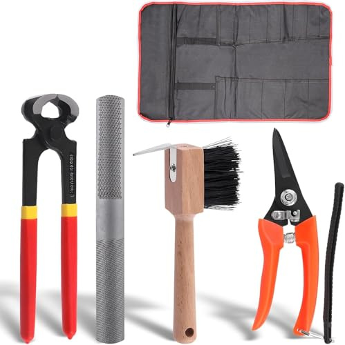5 Pcs Professional Farrier Tools Value Supplies Kit with Mini 8 Inch Rasp Hoof File, 8 Inch Hoof Nipper, Roll Pack, Horseshoe Brush, Hoof Cutter for Horse, Horses Hoof Trimmers Shears Tools