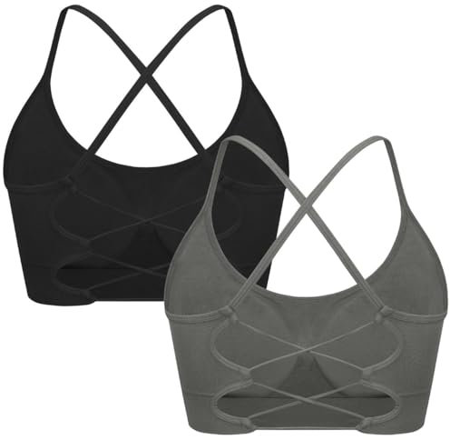 ANGOOL Sport BH Damen ohne Bügel Crossback Spaghettiträger Bustier Damen Abnehmbare Gepolstert Seamless Rückenkreuz Sport Top Yoga Radfahren Gym, Schwarz+Grau, M