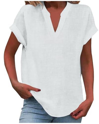 Chemisiers Femme en Coton Et Lin Travail T-Shirt Ete Grande Taille Manche Courte Vetement Femme Ete Tee Shirt Col V Sport Couleur Uni Haut Tunique Chemise(Blanc,XXL)