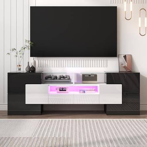 LANTRO JS TV Kommode in Marmoroptik, TV Möbel mit LED Beleuchtung, Hochglänzender TV Lowboard, Wohnzimmermöbel, 145 cm Lang, Mehrere Schränke, Weiß und Schwarz