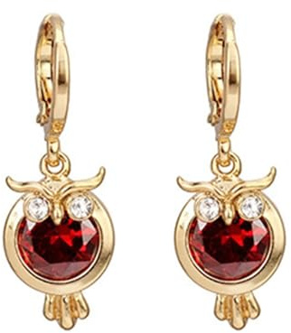 Tolldek 9K Au375 Gold Ohrringe, Rot Labor Erstellt Rubin Eule Ohrhänger, Gelbgold 375 Ohrringe Hängend Echter Schmuck