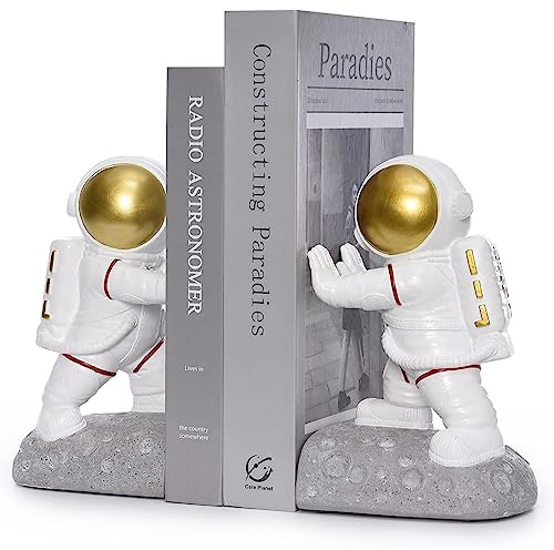Astronaut Bookends for Shelves - Decorative Space Themed Book Ends Set of 2, Resin Book Holders for Home Office Desk Decor, Book Stoppers for Kids, White and Gold