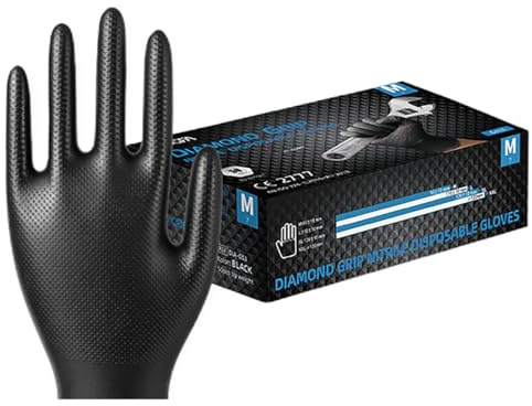 KINGFA DIAMOND GRIP Extra Stark Nitrilhandschuhe | Hochfeste, texturierte Einweghandschuhe für Kfz, Industrie & Labor | Arbeitshandschuhe Öl- und Chemikalienbeständig | 50 Stk/Box (100, Schwarz, L)