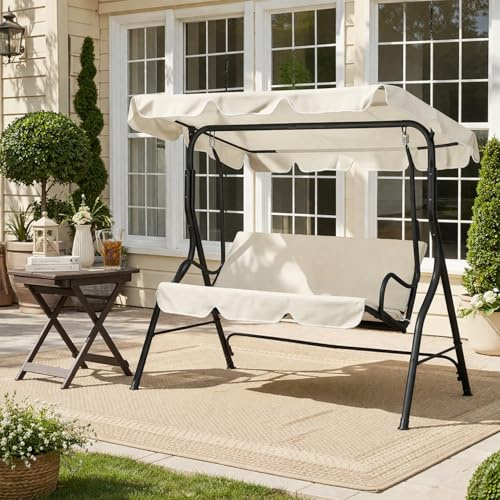 Monucep Hollywoodschaukel 3-Sitzer Gartenschaukel mit Verstellbare Sonnendach, Hochwertiger Stoff UV-Schutz, Outdoor Schaukelbank aus Stahl bis 250kg belastbar, Einfache Montage, Beige