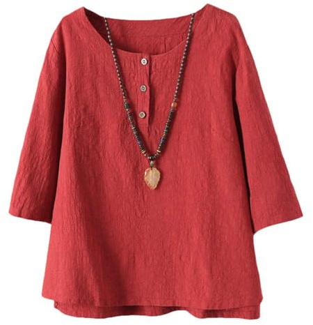 Minibee Women's 3/4 Sleeve Cotton Linen Jacquard Blouses Top T-Shirt (2XL, Red)