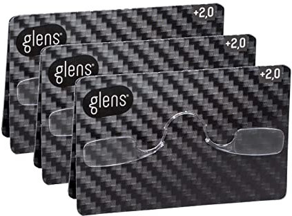 glens Mini Lesebrille | Lesebrille +2.0 in Carbon Pack | Packung mit 3 rutschfesten Lesebrillen für Herren und Damen | Armlose Notfallbrille im Taschenformat | Erhältlich in verschiedenen Stärke