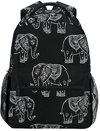 Jeansame Backpack School Bag Laptop Travel Bags for Kids Boys Girls Women Men Black Elephant Animals Ethnic